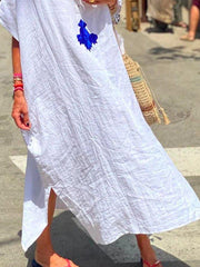 White Plain Short Sleeve Maxi Linen Dresses