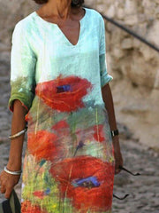 Casual floral print short sleeve V-neck cotton and linen dress mini dresses for women