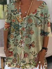 Casual Cotton-blend V Neck Printed Short Sleeve Tops