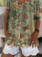 Casual Cotton-blend V Neck Printed Short Sleeve Tops