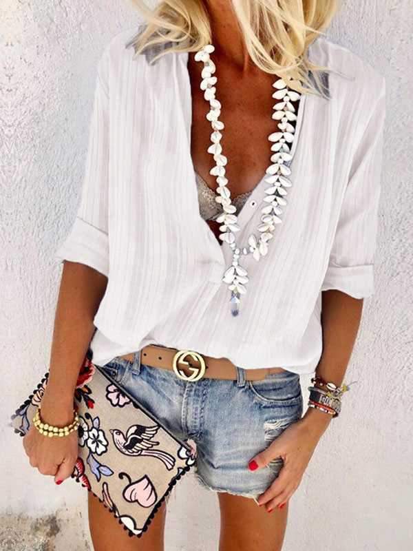 Sexy Women V-neck Button Long Sleeves Blouse