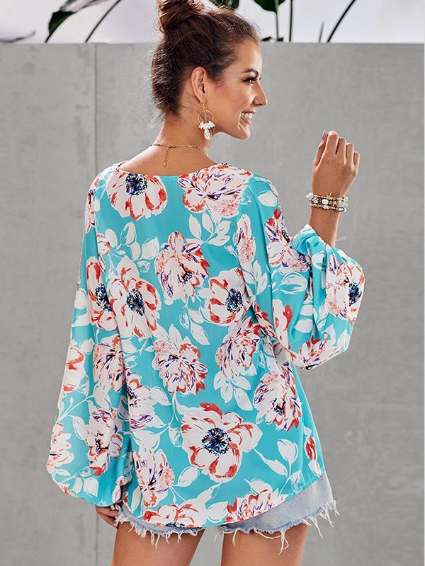 Chic printed women v neck long sleeve blouses