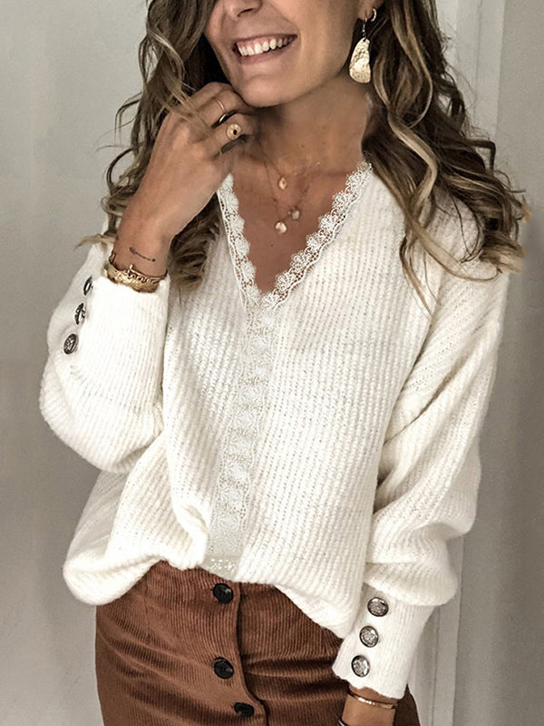 Elegant v neck women plain button design long sleeve sweaters