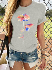 Daisy butterfly printed round neck short sleeve T-shirts