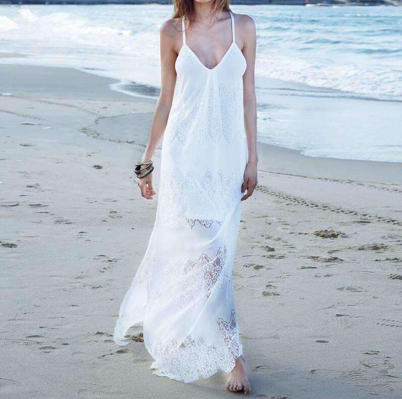 Sexy Lace V neck Gored Vest Maxi Dresses