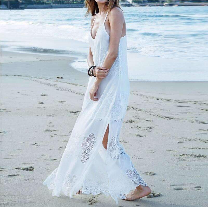 Sexy Lace V neck Gored Vest Maxi Dresses