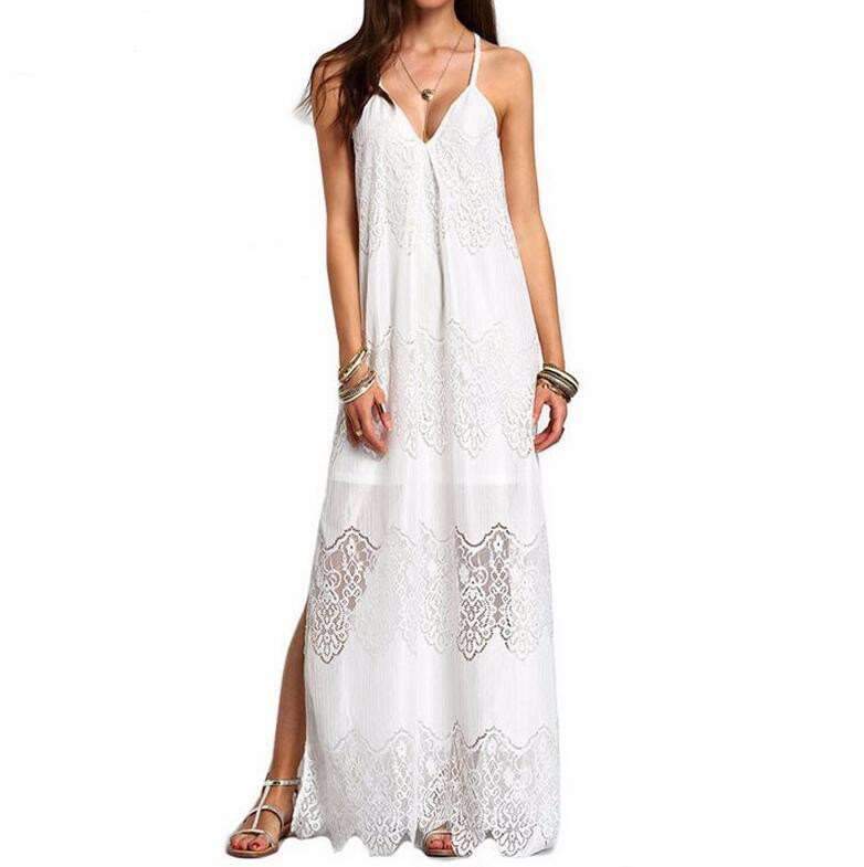 Sexy Lace V neck Gored Vest Maxi Dresses