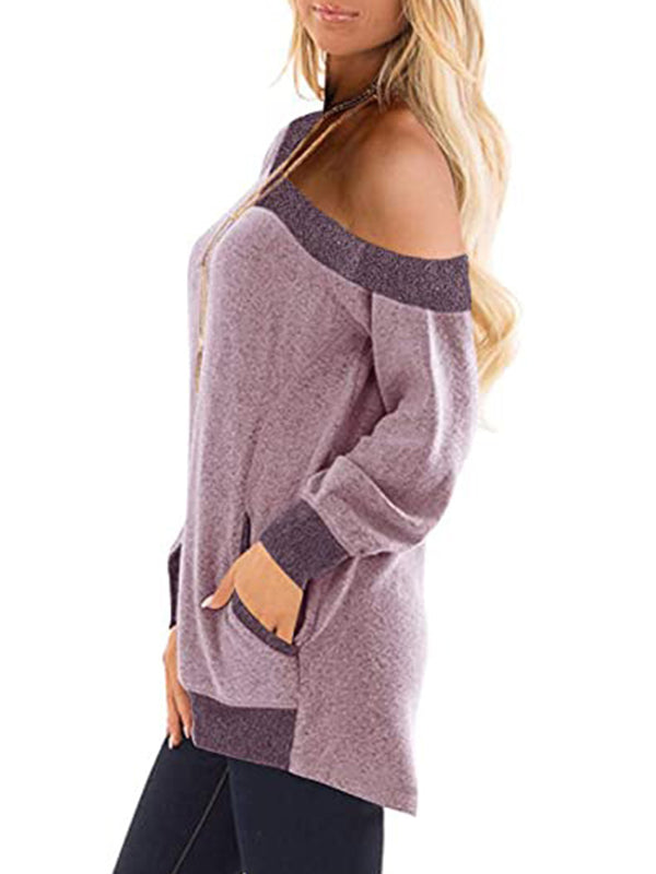 V-Neck Contrast Sweatshirt Long Sleeve Pullover Casual T-Shirts