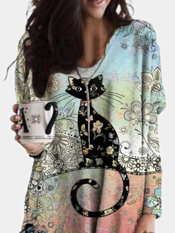 Women bohemia cute cat printed colorful long sleeve shift dresses