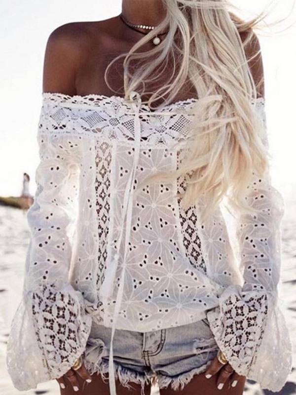 White Off Shoulder Horn Sleeve Lace Blouse