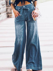 Women fashion denim blue bell bottoms horn trousers pants