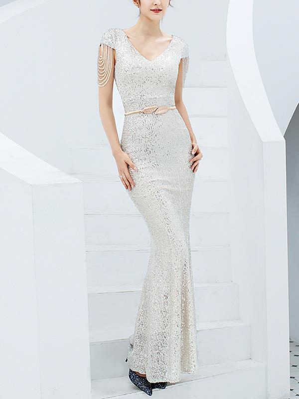 Elegant long sequined fish tail  slim long evening dresses