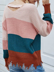 V-neck stripe contrast knit long sleeve open-back design sweaters