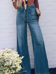 Women fashion denim blue bell bottoms horn trousers pants