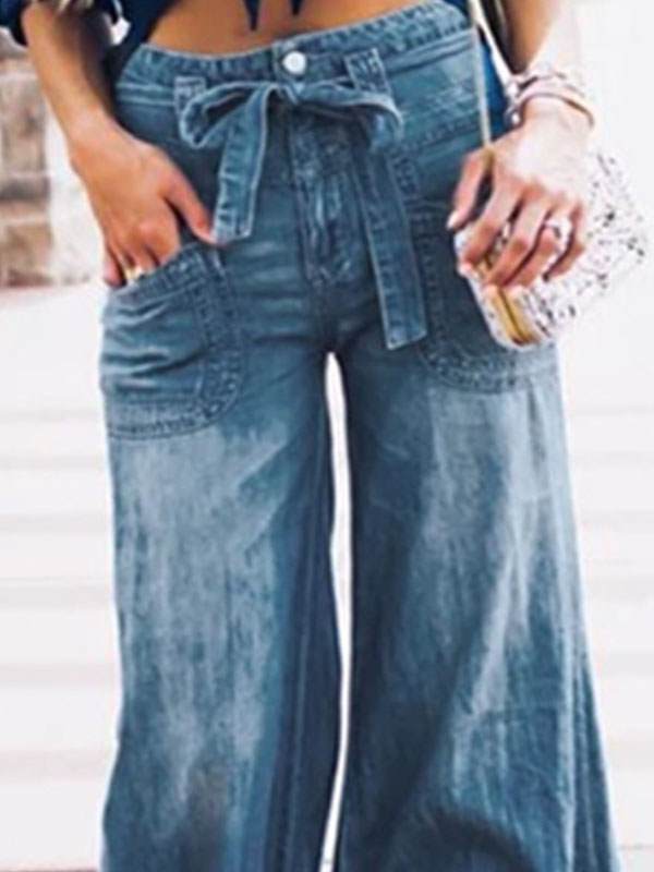 Women fashion denim blue bell bottoms horn trousers pants