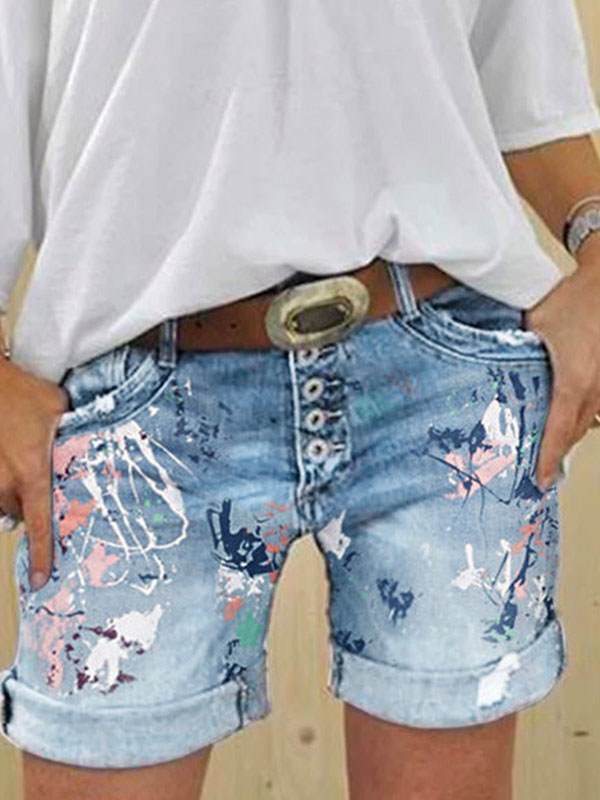 Denim shorts washed printed jeans