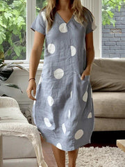 Polka Dots V Neck Cotton-Blend Casual Dresses