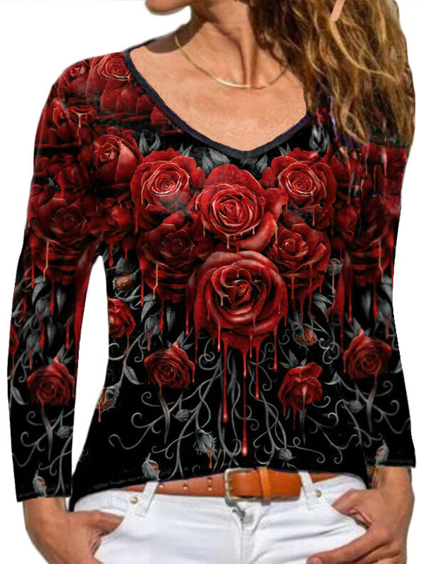 Rose printed elegant long sleeve v neck T-shirts tops for women