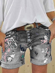 Denim shorts washed printed jeans