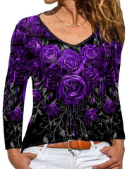 Rose printed elegant long sleeve v neck T-shirts tops for women