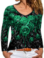 Rose printed elegant long sleeve v neck T-shirts tops for women