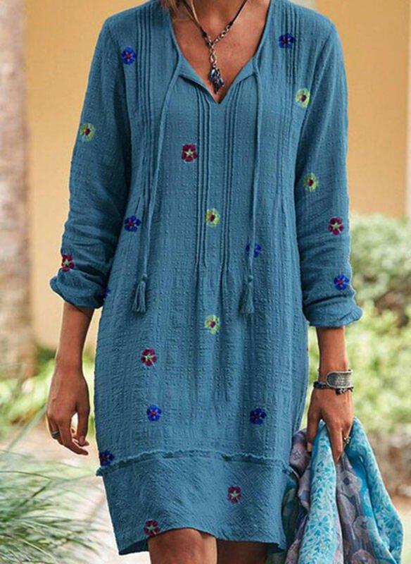 Blue V Neck Casual Floral Dresses