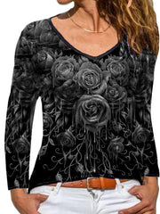 Rose printed elegant long sleeve v neck T-shirts tops for women