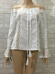 White Off Shoulder Horn Sleeve Lace Blouse