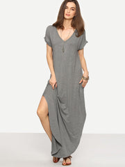 Rolled-Cuff Pockets Side Split Curved Dress