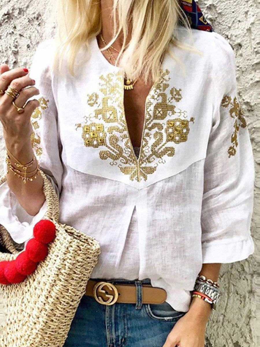 Chic Cotton and Linen Long Sleeve Woman Blouses