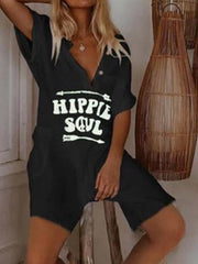 Round neck button Word printed Jumpsuits