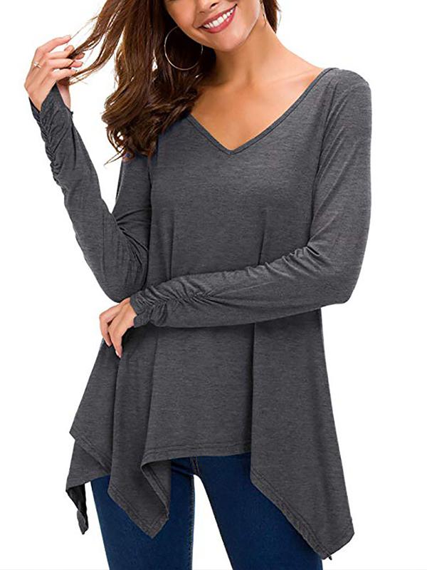 V Neck Long Sleeve Woman Asymmetrical Hem T-shirts