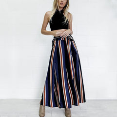 Loose Fit Bow Tie Striped Print Wide Leg Pants High Side Slit Drawstring