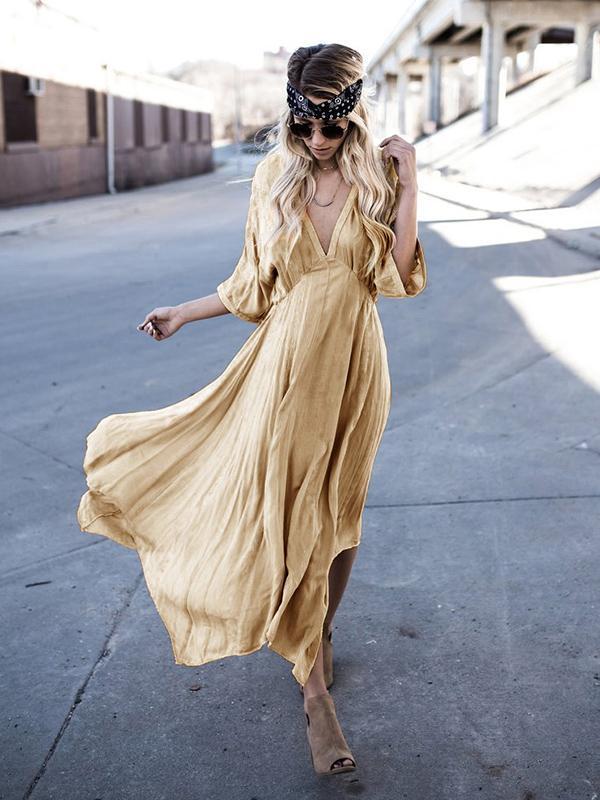 Asymmetric Deep V-neck Maxi Dress