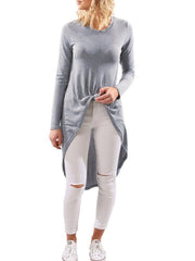 Round Neck Long Sleeve Asymmetrical Hem T-Shirts