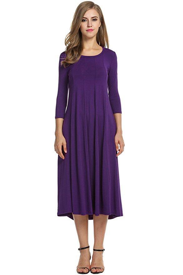 Casual Solid Round Neck Long Pure Color Dress