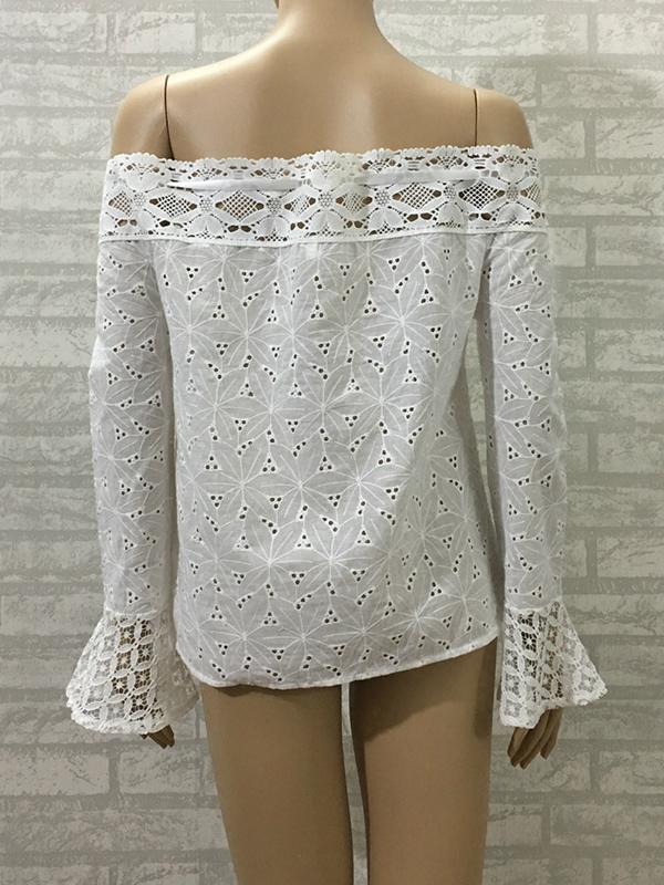 White Off Shoulder Horn Sleeve Lace Blouse