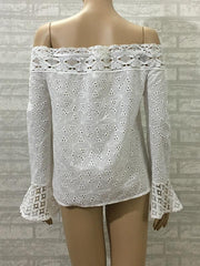 White Off Shoulder Horn Sleeve Lace Blouse