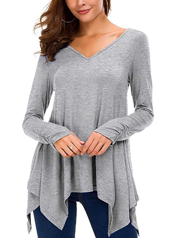 V Neck Long Sleeve Woman Asymmetrical Hem T-shirts