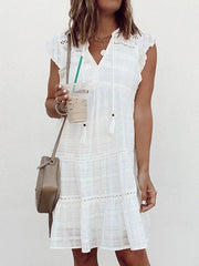 White sweet Fringed V-neck Ruffle Sleeve Skater Dresses