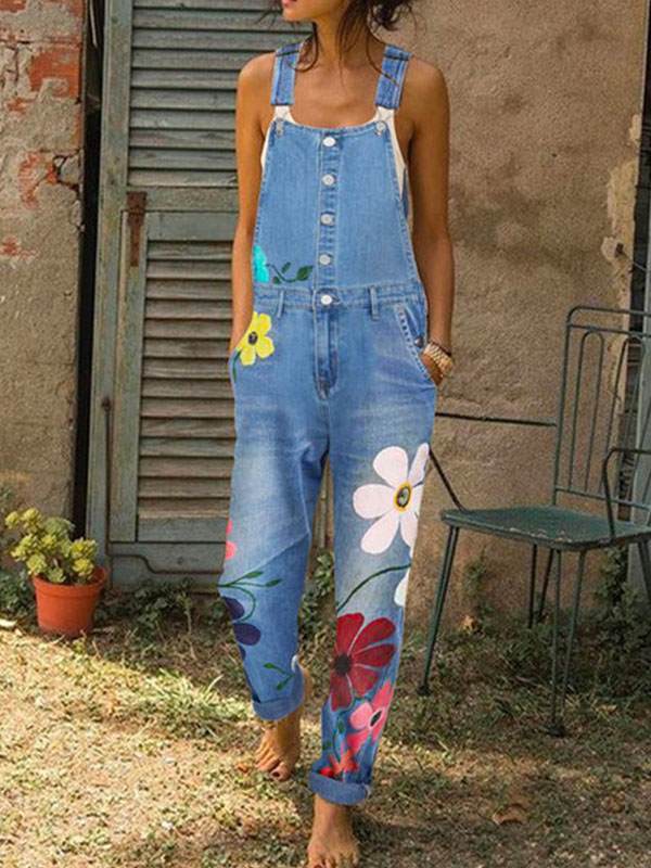 Women denim button flower printed long pants jumpsuits