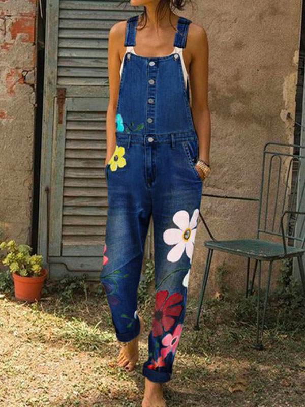 Women denim button flower printed long pants jumpsuits