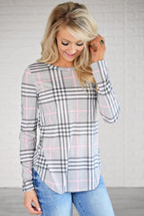 Round Neck Plaids Long Sleeve Casual T-Shirts