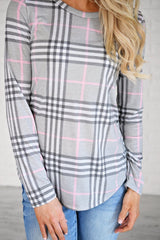 Round Neck Plaids Long Sleeve Casual T-Shirts