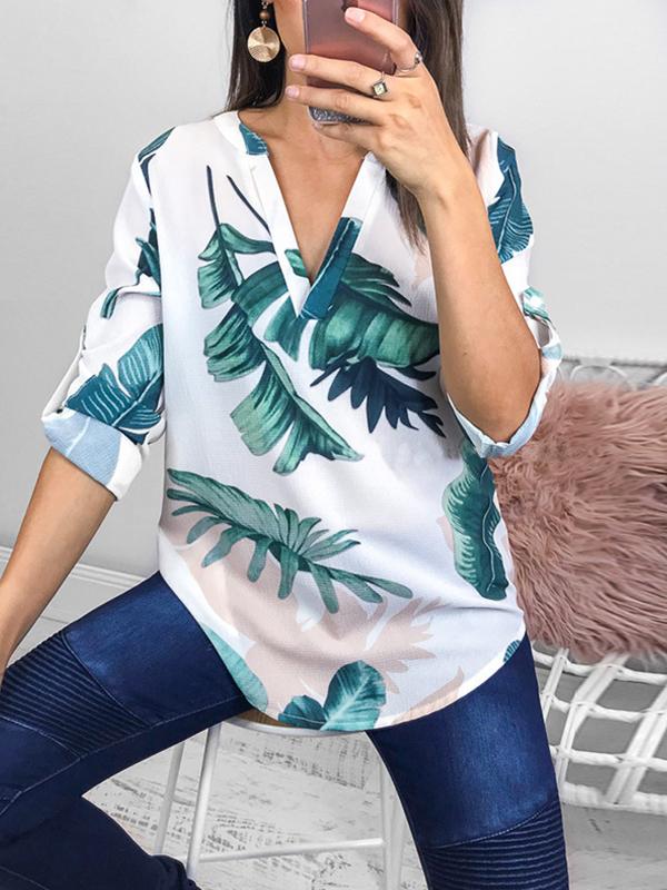 Spring Chiffon V Neck Printed Blouses