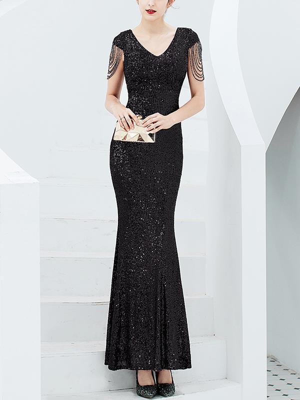 Elegant long sequined fish tail  slim long evening dresses