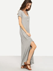 Rolled-Cuff Pockets Side Split Curved Dress