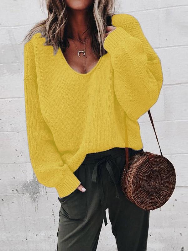 Simple Solid Color V-neck Sweater Tops