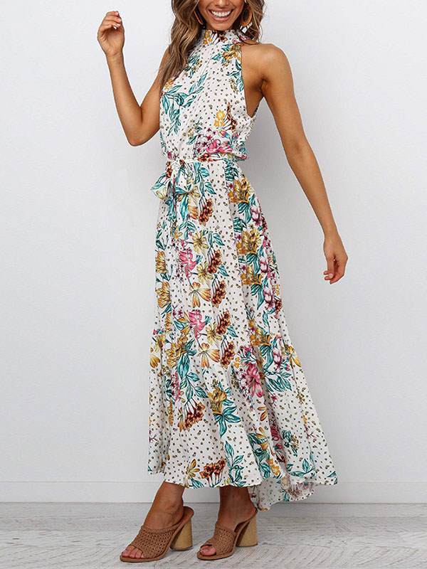 Bohemia printed women band neck long vacation dresses