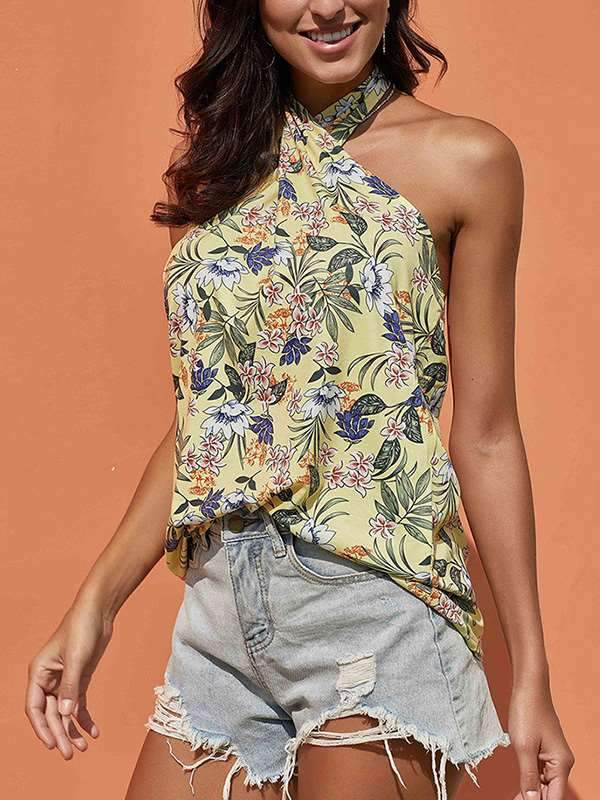 Women Band Neck Vacation Sexy Printed Vests